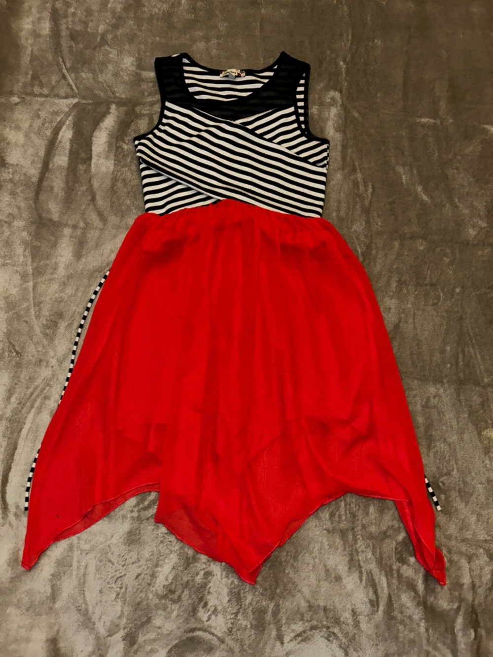 Speechless Coral Chiffon Dress with Black & White Striped Bodice Girls 16